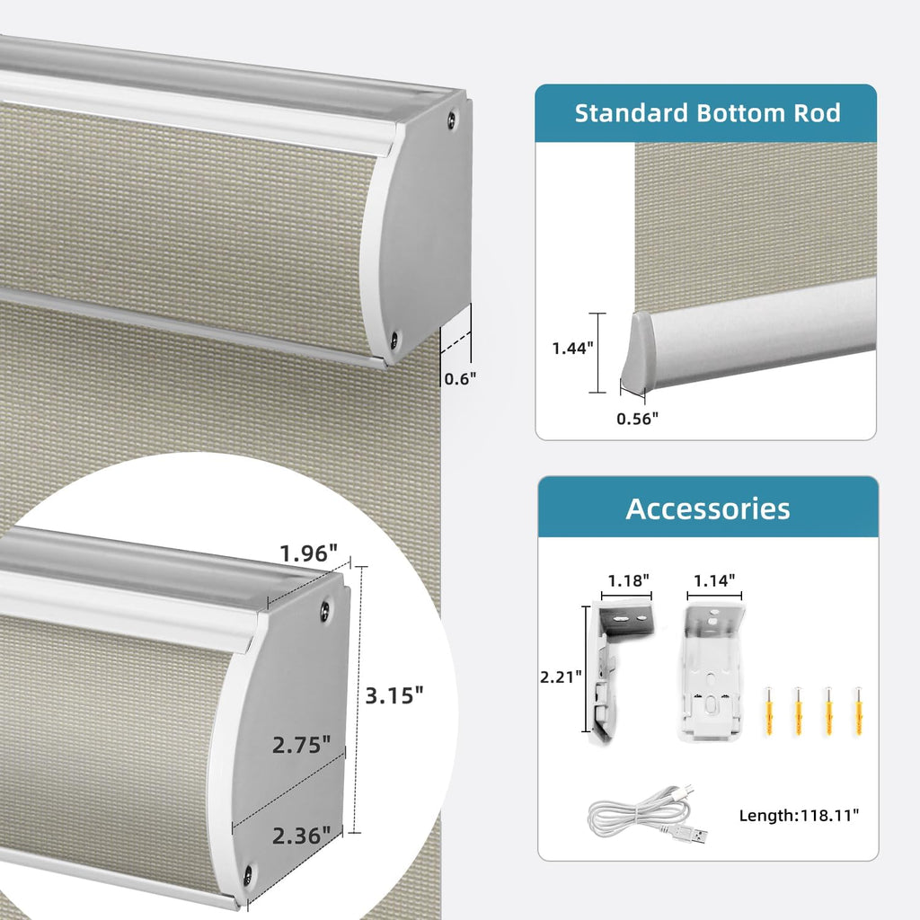 SmartWings Motorized Roller Shade, 50% Light Filtering Smart Window Blinds Semi-Blackout PVC Free Work with Apple Homekit Alexa Matter Z-Wave Zigbee Google Home, Remote Control Electric Blind, Stone