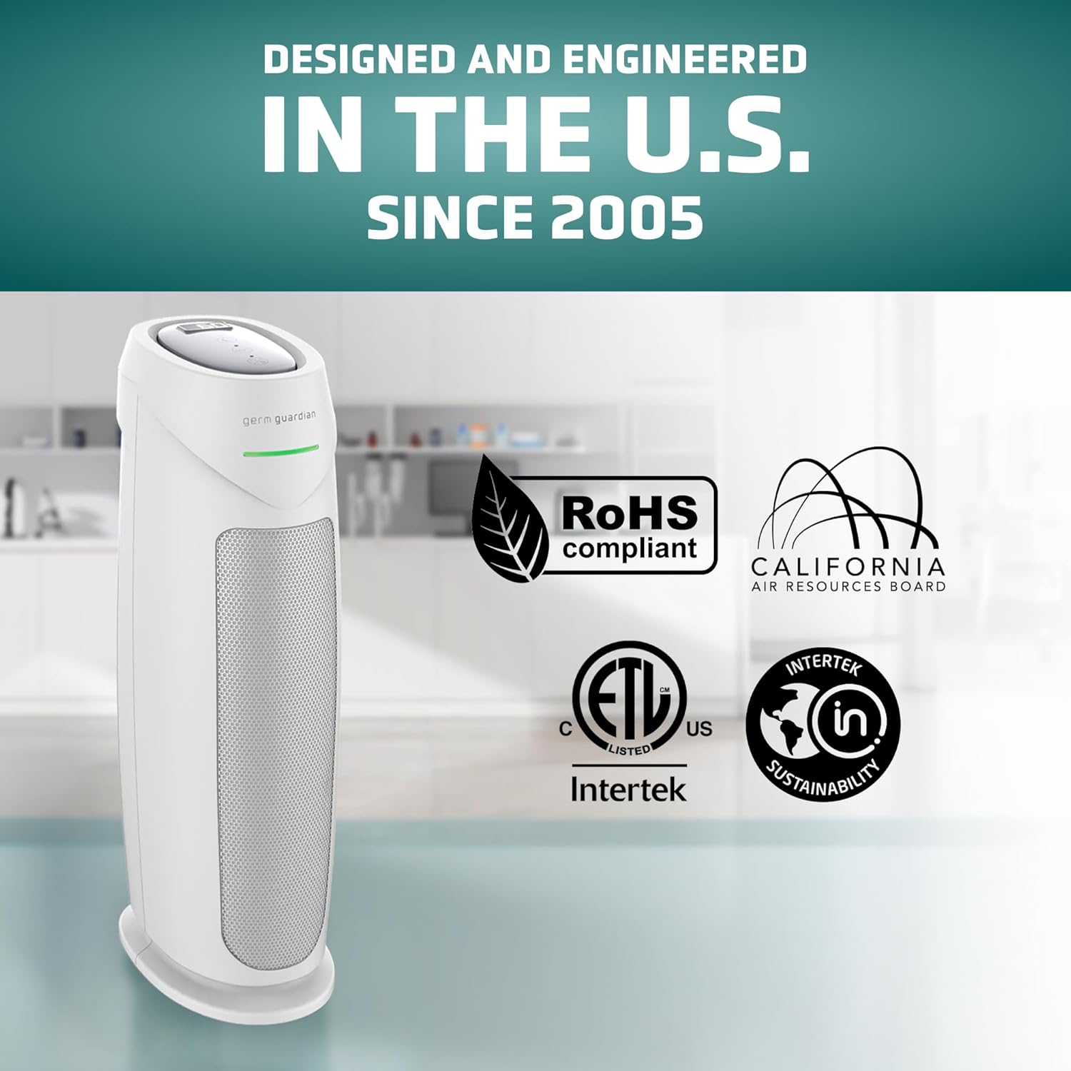 GermGuardian Air Purifier for Home, for Wildfire Smoke, Pets, Pollen, Odor, Mold Spores, Large Rooms Up to 743 Sq. Ft., with HEPA Pure Air Filter, UV-C Light, Air Quality Sensor, 22", AC4880W, White