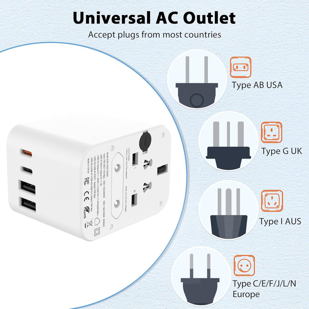 European Travel Plug Adapter, Universal Travel Adapter with PD Fast Charging, 5-Port (1 AC/2 USB-A/2 USB-C) International Power Adapter with Fuse Surge Protection for US EU UK AU - White