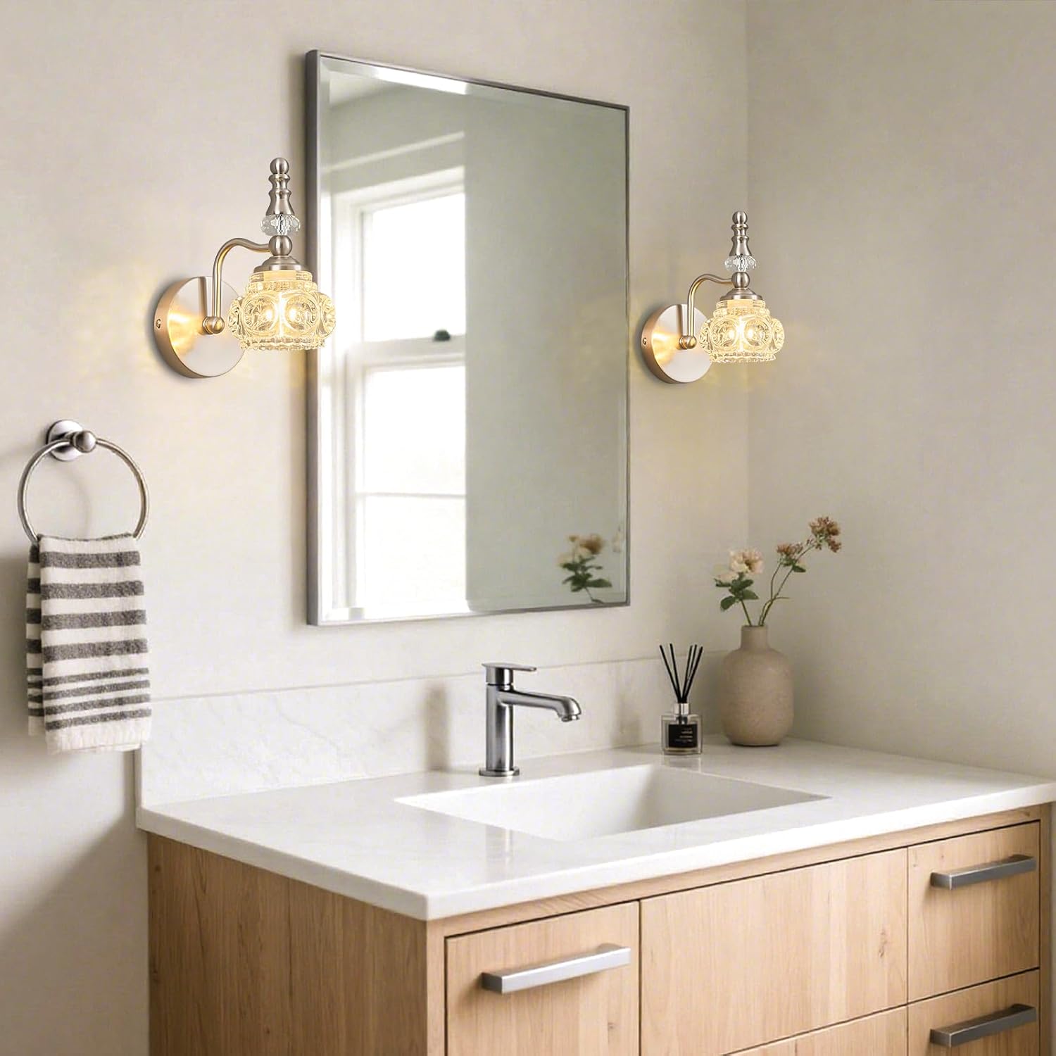 Modern Wall Sconce Set of Two Indoor Wall Lamp Nickel Vintage Wall Sconces Glass Wall Light Bathroom Vanity Light Fixture Wall Mounted Room Sconce Wall Lighting