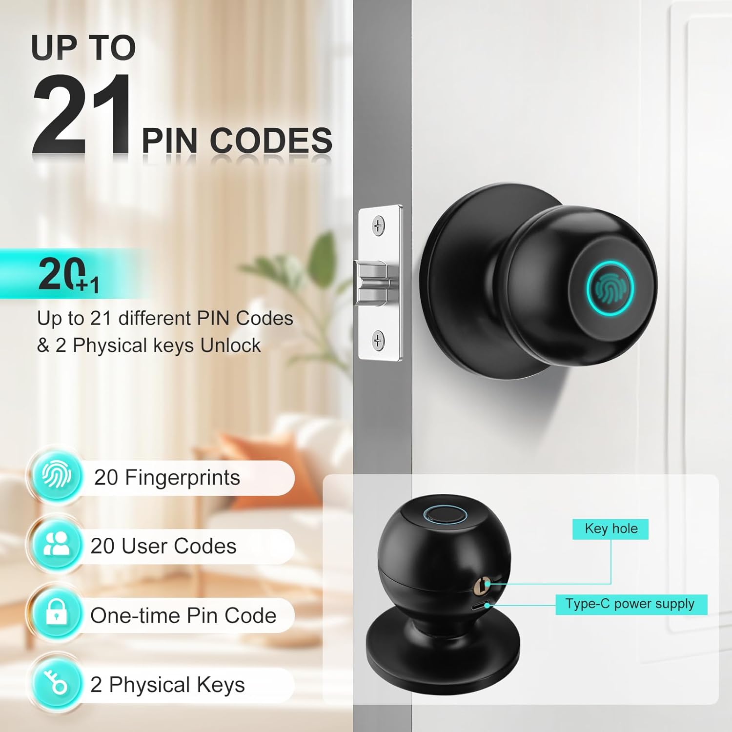 JO.KO 2 Pack Fingerprint Door Lock, Biometric with App Control & Key, Smart Door Knob for Bedroom, Entry Door, Keyless Finger Print Door Knob with Thumb Print Black, Different Keys
