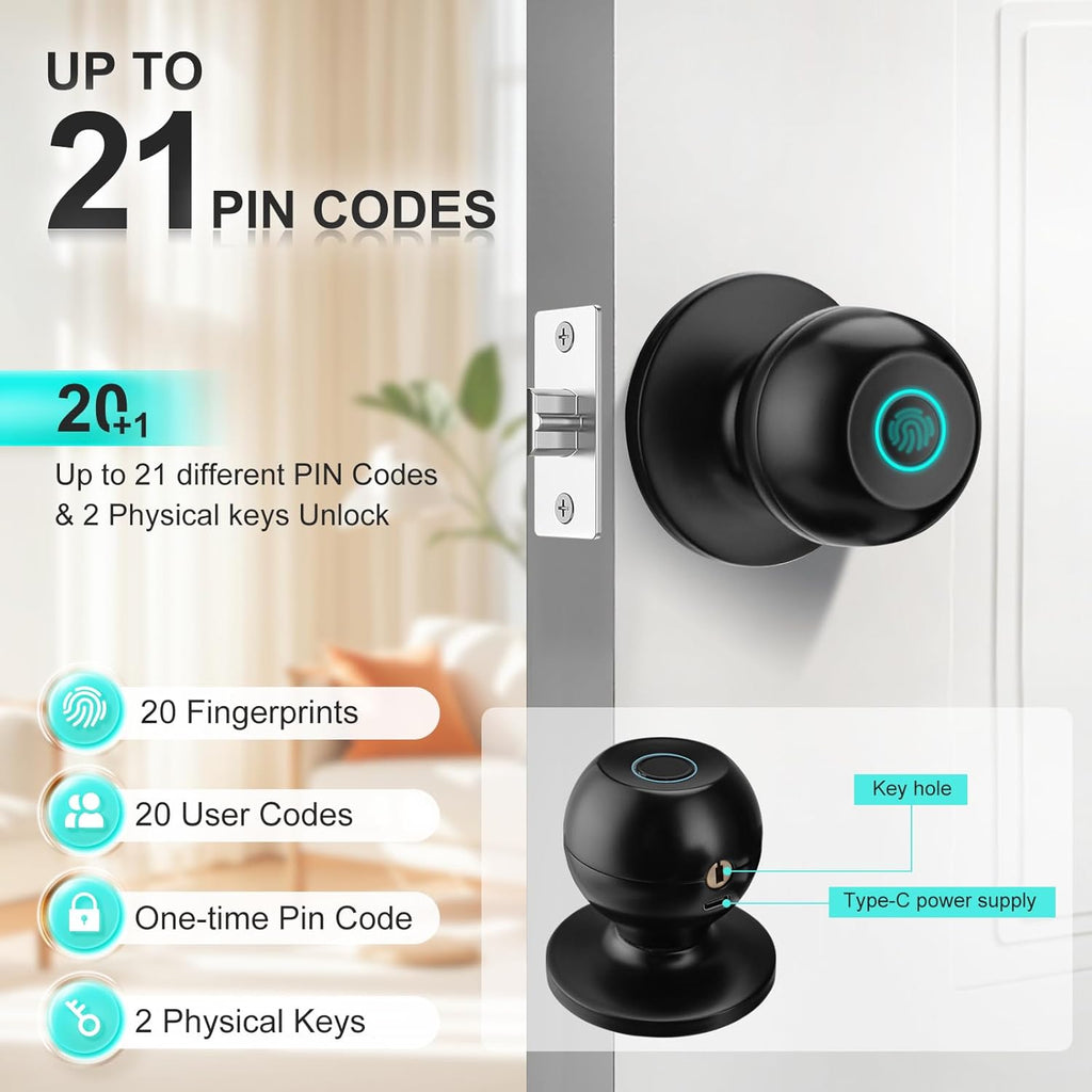 JO.KO Fingerprint Door Lock, Biometric Door Lock with App Control & Key, Smart Door Lock for Bedroom, Entry Door, Keyless Finger Print Door Knob with Thumb Print Black