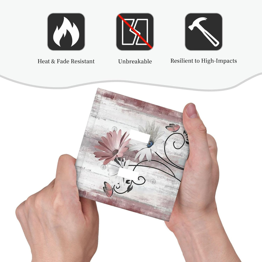 Decorative Switch Plates Pink White Daisy Butterfly Wood Grain 2 Gang Double Toggle Outlet Light Switch Cover Wall Plate Electrical Faceplate for Farmhouse Bathroom Decor