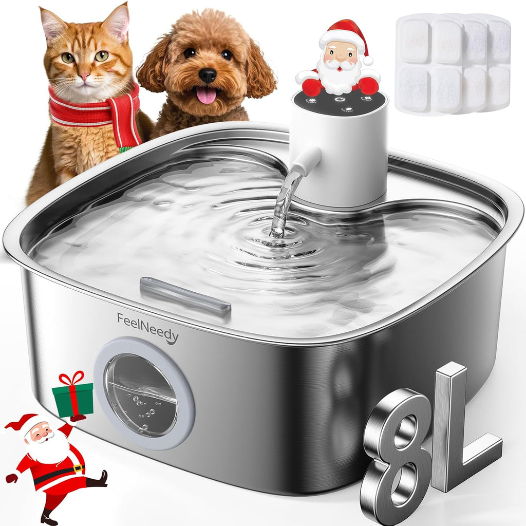 Cordless Dog Water Fountain, 5000mAh Battery Operated Water Fountain for Dogs, Stainless Steel Cat Water Fountain for Multi-Cats & Small-Medium Dogs, 8L Automatic Pet Water Fountain, Easy to Clean