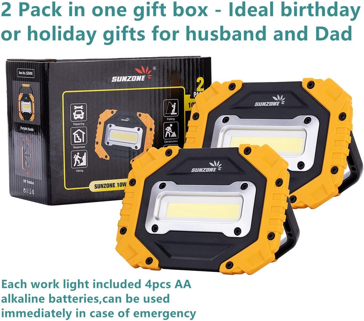 Sunzone Portable LED Work Light,AA Battery Powered Flood Lights,Super Bright Workshop Job Site Lighting for Camping, Hiking, Fishing, Car Repair with Emergency SOS Mode (2 Pack)