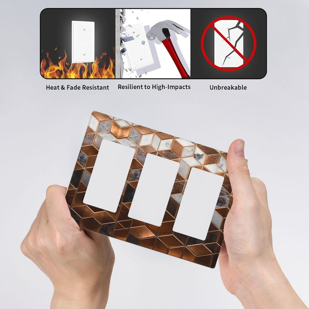 Brown Abstract Luxury Modern Geometric Cubic Marble 3 Gang Triple Rocker Decorative Light Switch Covers Electrical Faceplate Switch Plates for Bathroom Kitchen Home