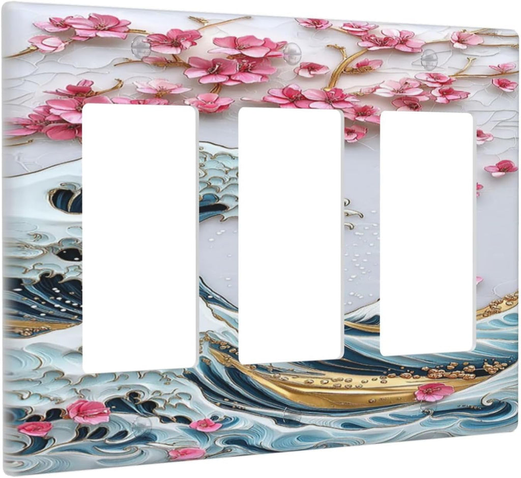Light Switch Covers The Great Wave Off Kanagawa With Sakura 3 Gang Rocker Electrical GFCI Decorative Triple Outlet Wall Plate Cover Switchplate for Bedroom Bathroom Decor