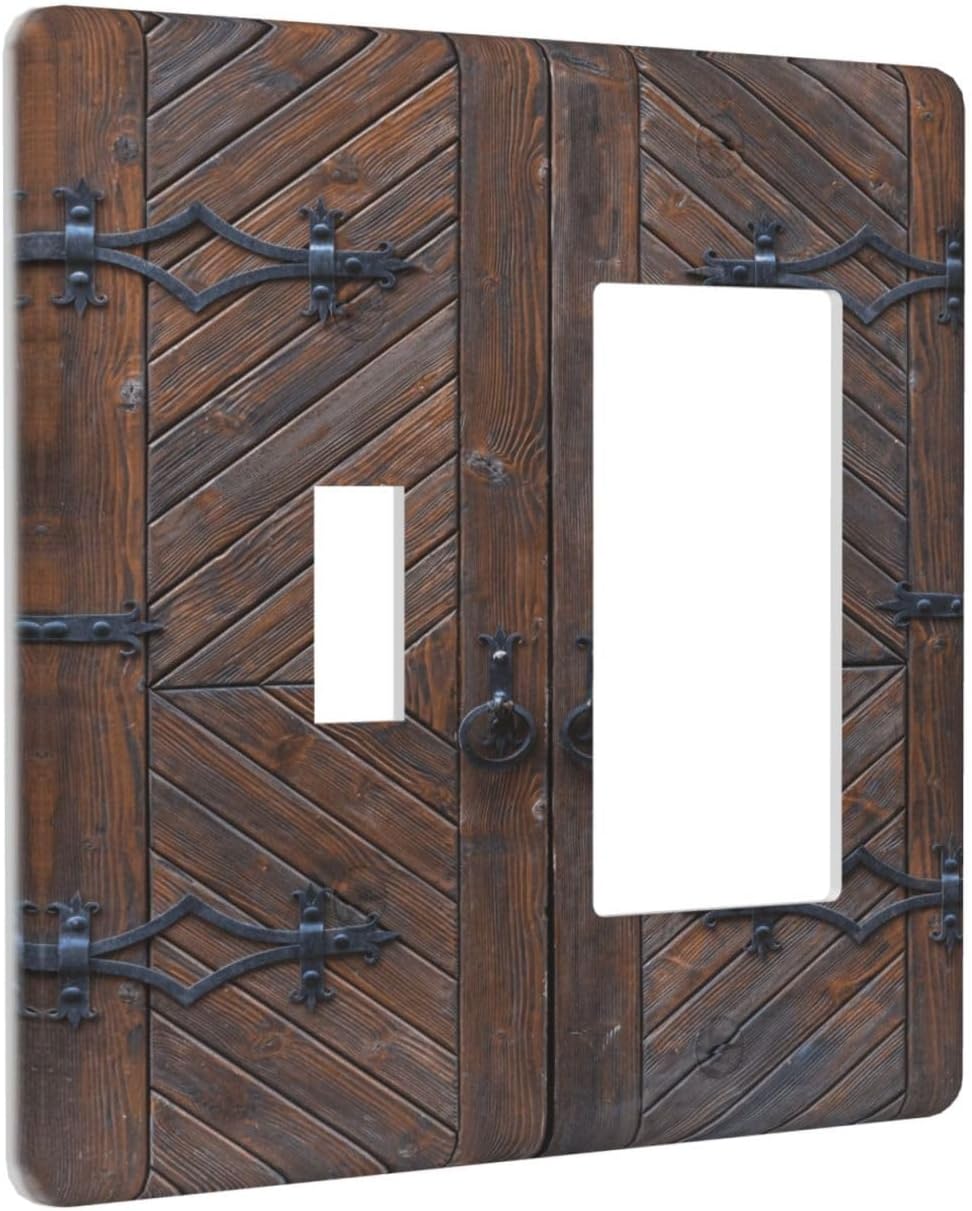 Decorative Outlet Covers Vintage Brown Wood Barn Door 2 Gang Wall Plate Single Toggle 1 Rocker Light Switch Cover Switch Plate Covers for Farmhouse Bedroom Home Decor