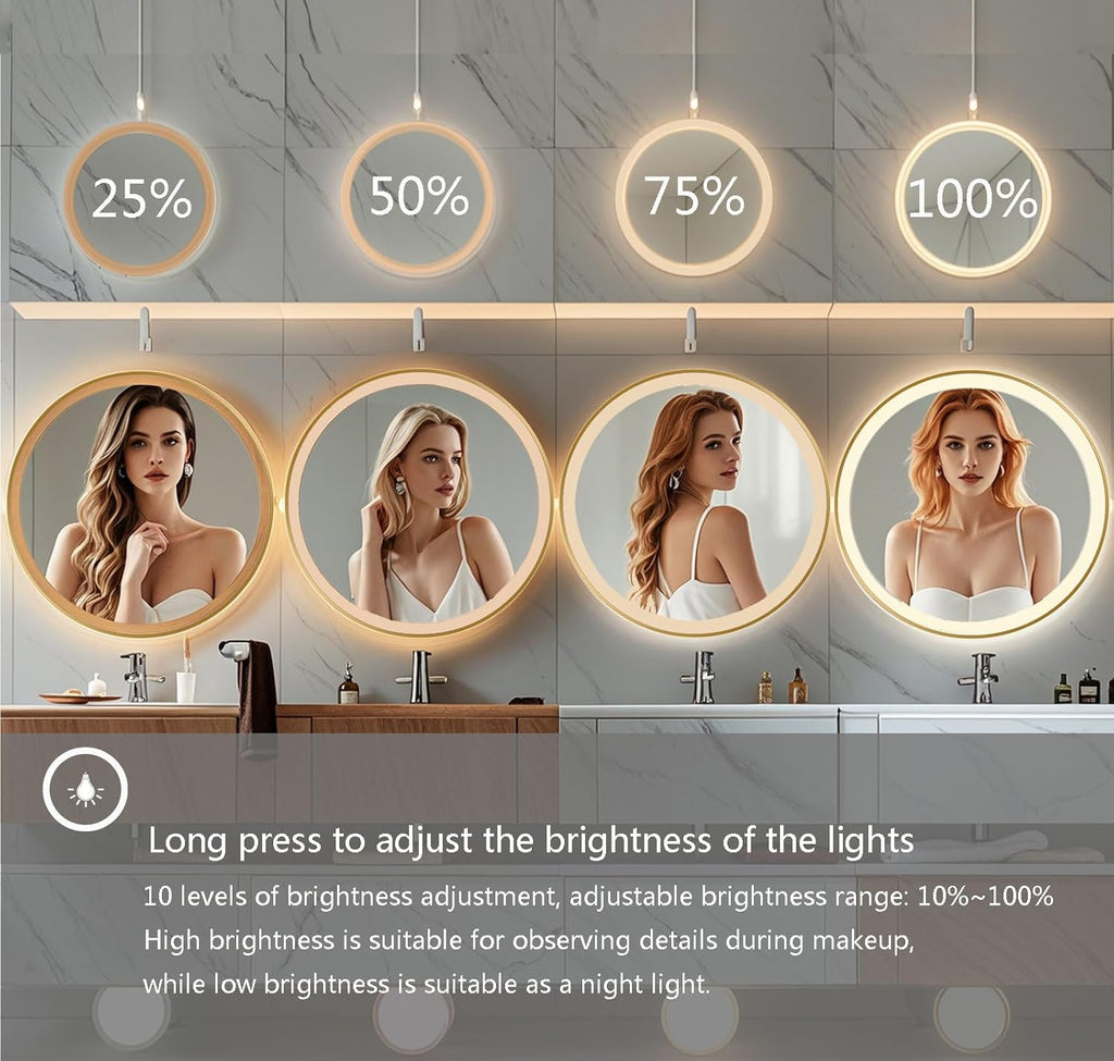 28 Inch Wall-Mounted Round Bathroom Mirror with LED-Lights - Frame Vanity Mirrors (28" x 28", Gold)
