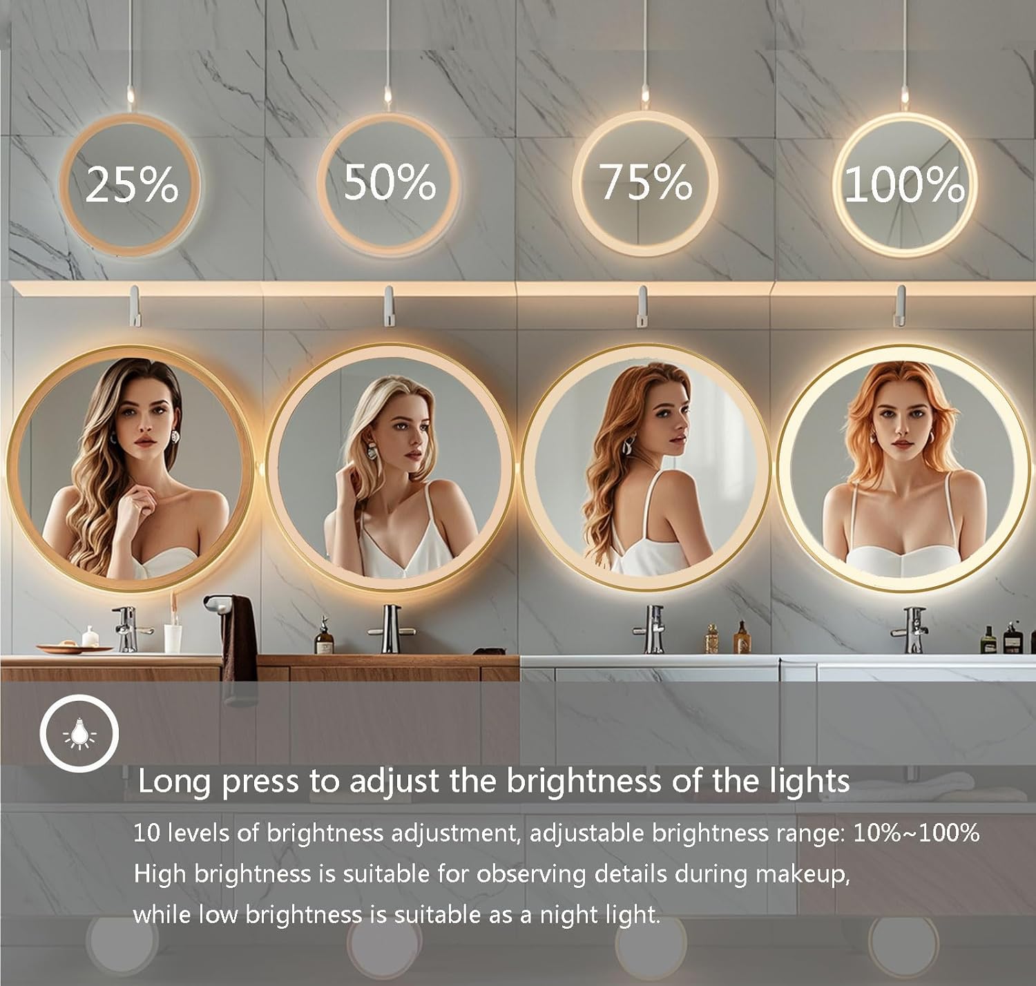 24 Inch Wall-Mounted Round Bathroom Mirror with LED-Lights - Frame Vanity Mirrors (24" x 24", Gold)