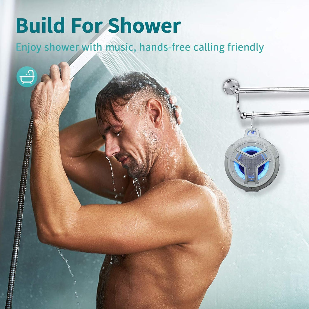 EBODA Shower Bluetooth Speaker, IPX7 Waterproof Portable Floating Speakers with Loud HD Sound, True Wireless Stereo Speaker with LED Light, 24H Play for Shower Pool Beach, Gifts for Men, Women - Gray