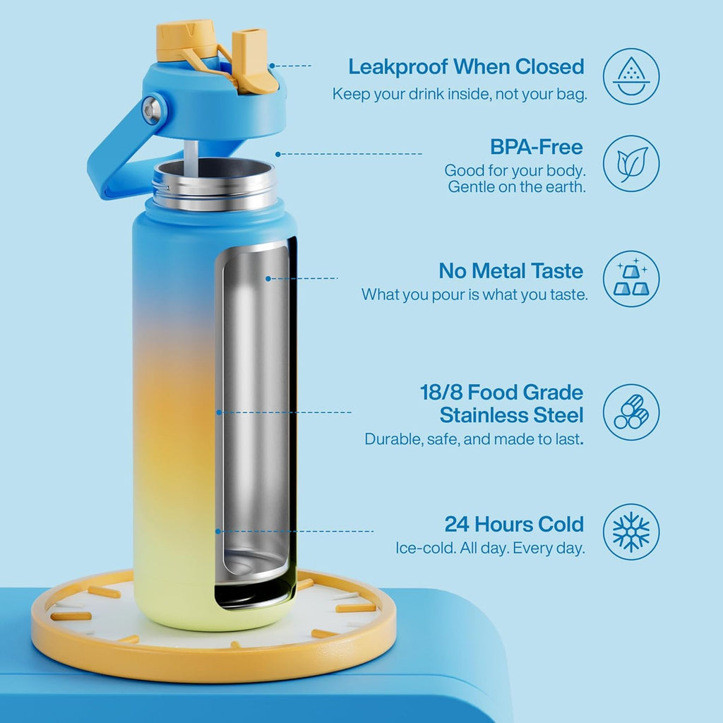ENCOOL Insulated Water Bottle with Straw Stainless Steel Water Bottle, Leak-Proof, BPA-Free, Double Wall Vacuum Keeps Cold for 24 Hours for Sports, Travel, School (32 oz, Sunny Breeze)