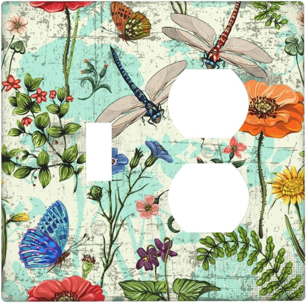 Dragonflies Flowers Butterfly 2 Gang 1 Toggle 1 Outlet Outlet Light Switch Cover Decorative Wall Plate Cover For Home Living Bedroom Kitchen Decorative