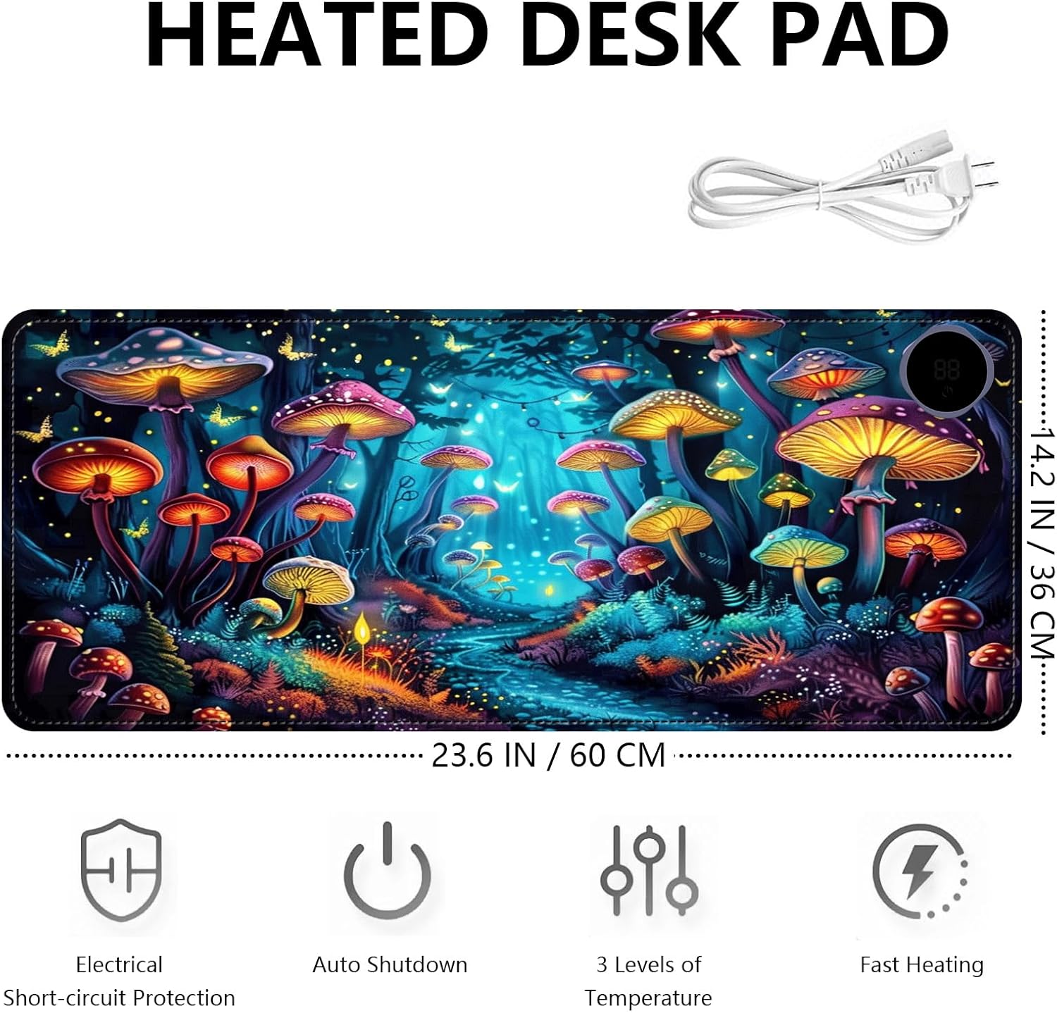 Heated Mouse Pad with 3 Levels Heated & 3 Hours Auto Shut-Off Mouse Pad for Warming Hands in Office Home, 23.6" x 14.2"Large Safe Desk Mat Hand Warmer，Forest Glowing Mushroom