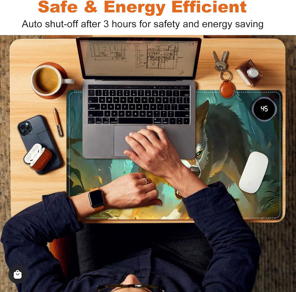 Small Heated Desk Pad 23.6" x 14.2" – Compact Electric Mouse Pad with 3 Heating Levels, Auto Shut-Off, Waterproof PU Surface, Plug-in Warmer for Office or Home Use, Forest Wolves