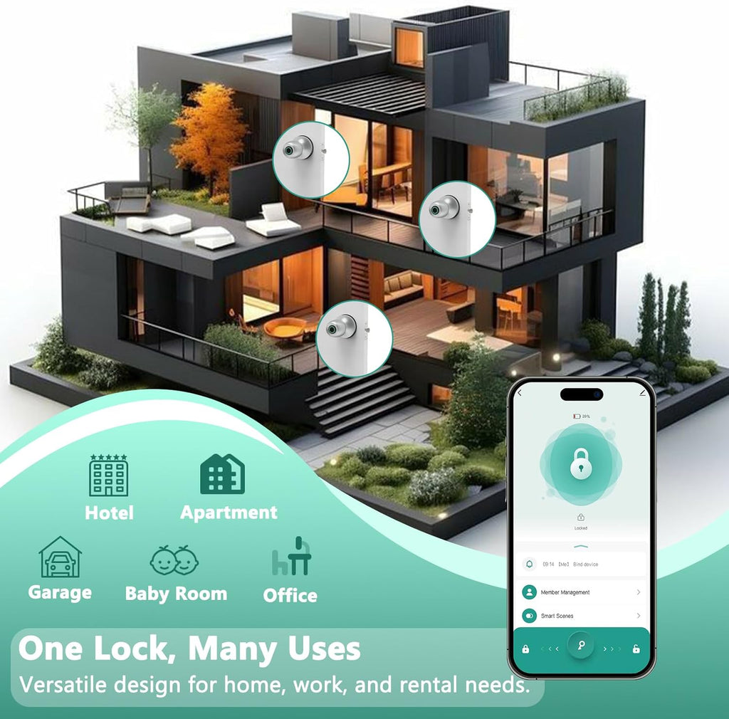 Fingerprint Smart Door Knob, Biometric Keyless Entry Door Lock with App Control & Backup Keys, Thumbprint Round Door Lock, Suitable for Home, Bedroom, Office, and Apartment Sliver