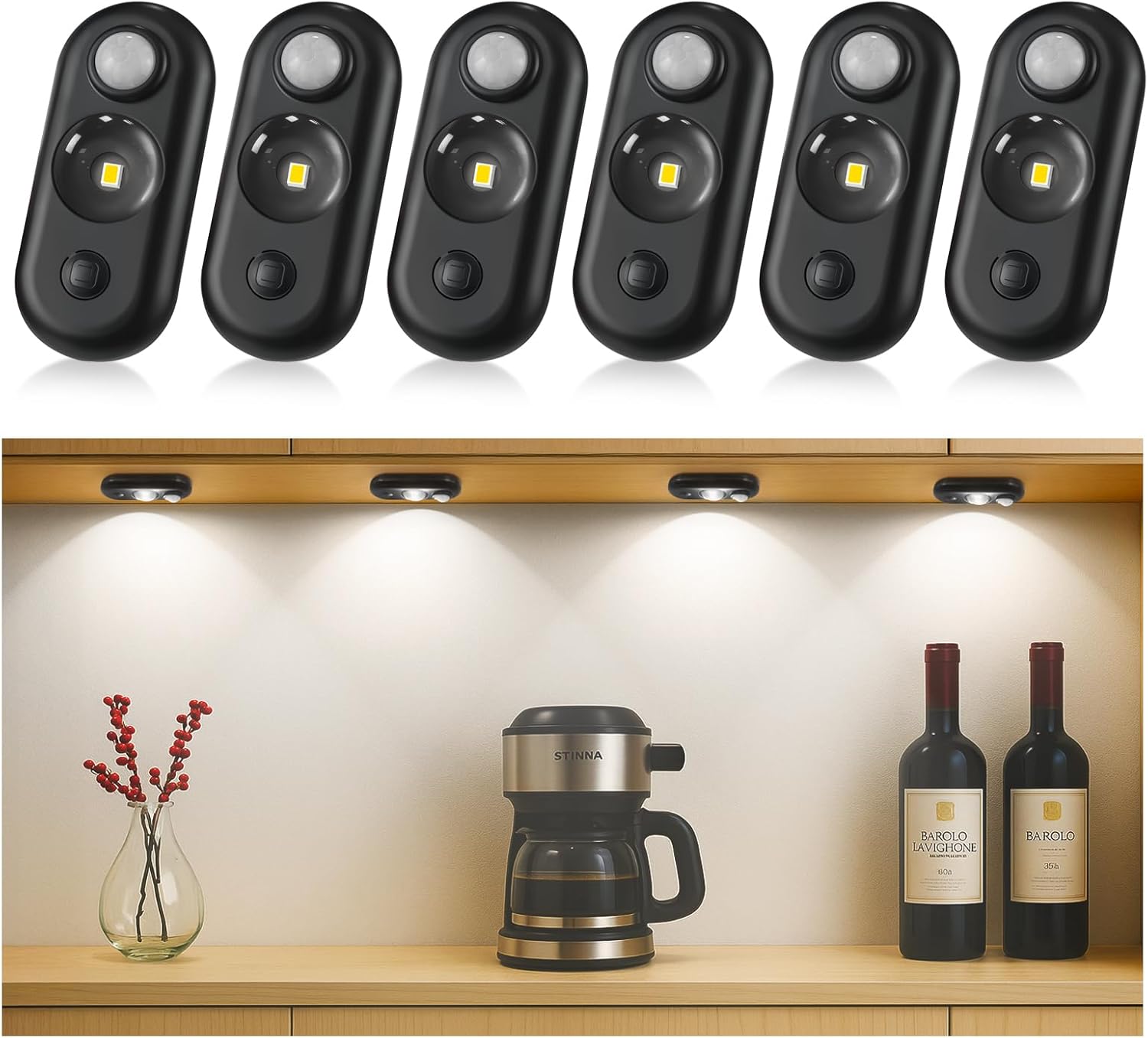 LED Motion Sensor Puck Lights, Small Rechargeable Under Cabinet Light, Dimmable Daylight White Closet Lights, Wireless Under Cabinet Lighting for Drawer, Kitchen (6 Pack)