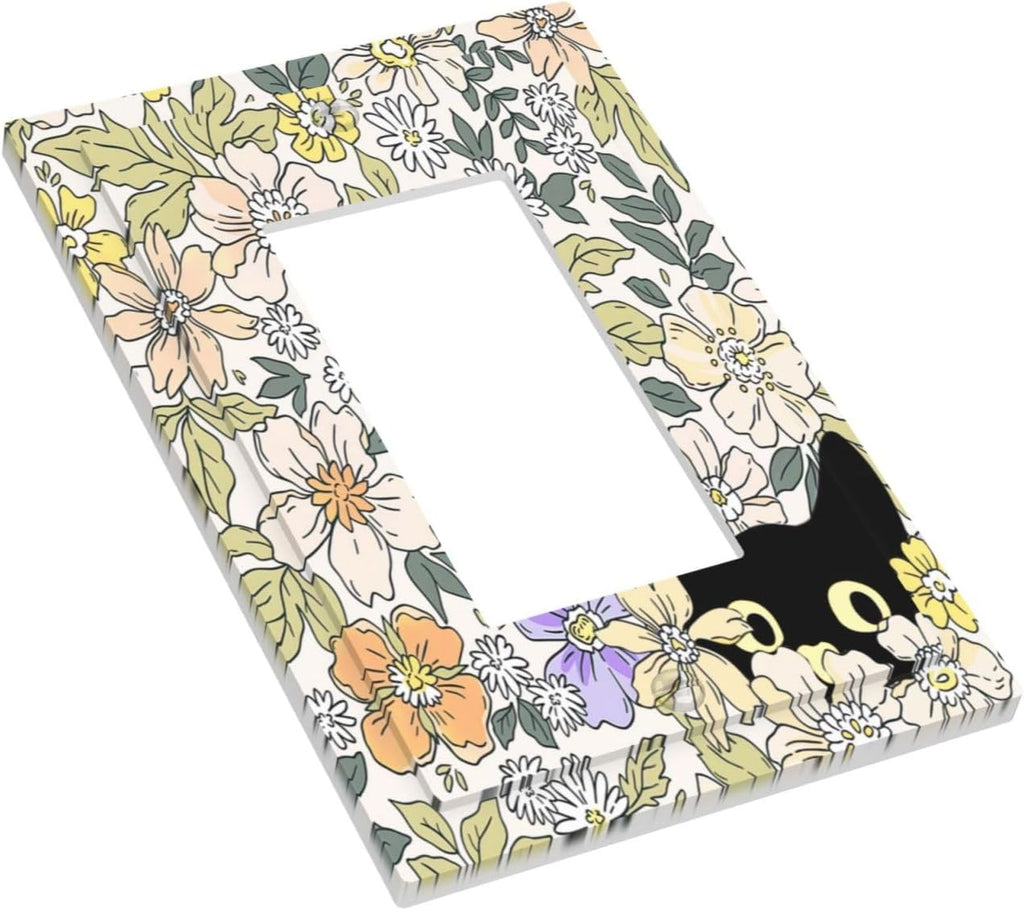 Decorative Outlet Covers Cute Black Cat in a Flower Patch Botanical Garden 1 Gang Rocker Light Switch Covers Single Decora GFCI Device Wall Plate for Bedroom Home Decor （2 Pack）