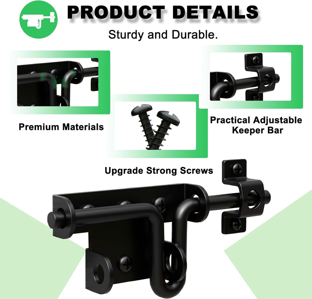 Heavy Duty Slide Bolt Gate Latch for Wooden Fence, 2 Way Barn Door Latch with Padlock Hole, Offset and Flush Mounted Gate Latch for Outdoor Gates/Yard Fence/Shed Door, Black, 1 Pack