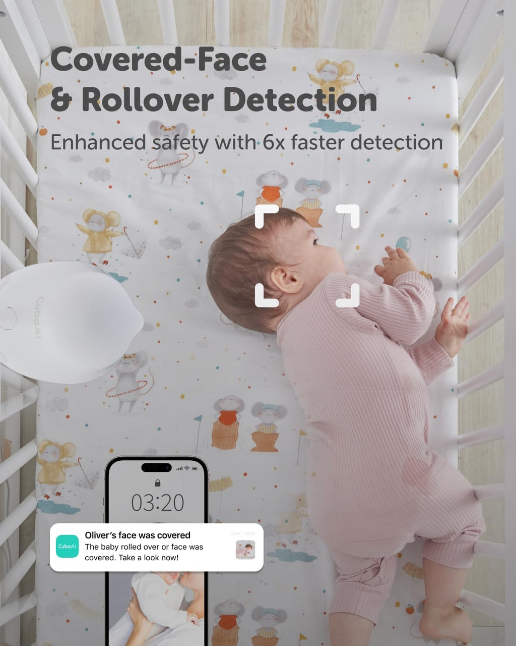 CuboAi 2025 New Model Smart Baby Monitor 3: Sleep Safety Alerts for Covered Face Rollover, 2.5K QHD Night Vision WiFi Camera, 2-Way Audio, Humidity Sensor, Lullabies. App Control (Floor Stand Set)
