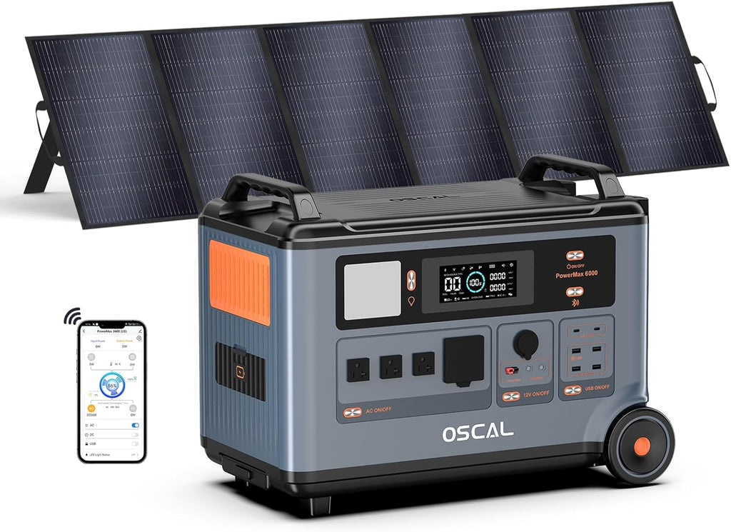 OSCAL PowerMax 6000 Solar Generator, 3600Wh/6000W Power Station with 500W Solar Panels, 120V/240V Split Phase Voltage AC Outlets (9000W Peak), 2400W Solar Charging,Emergency for Home,Battery Backup