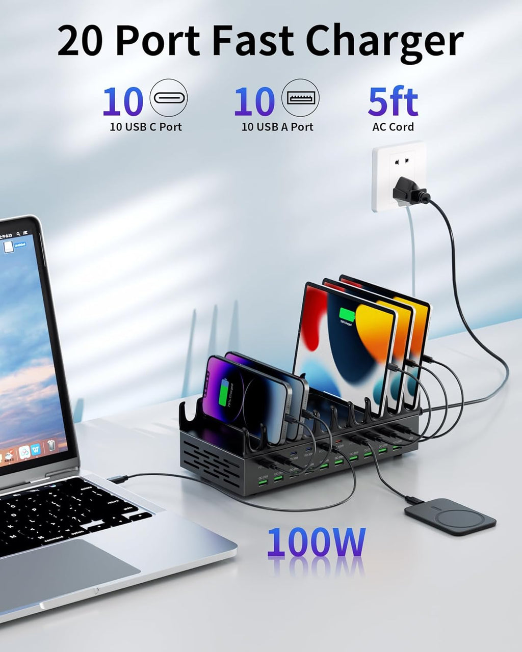 690W Charging Station for Multiple Devices, 20-Port USB C Fast Charging Station with Double 100W PD PPS Port, Multi Device Fast Charger Dock for MacBook Pro Laptop, iPhone, iPad, Tablet, Cell Phone