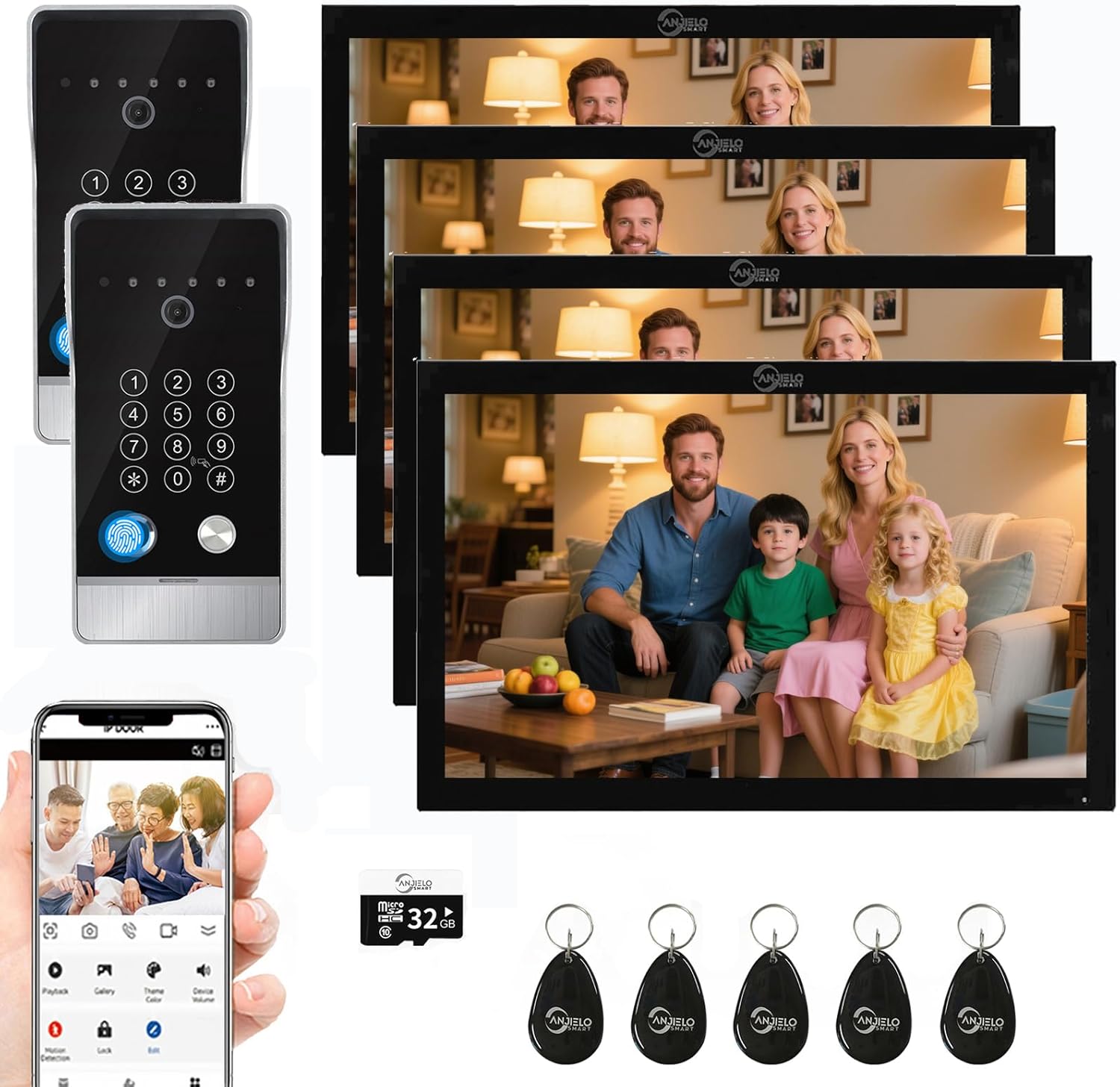 Wired Video Door Phone Apartment Intercom System,10 Inch Touch Monitor with 1080P doorbell,Support Fingerprints, RFID Cards,Passwords,Unlock Motion Detection for Home (2 Doorbell + 4 Monitor)