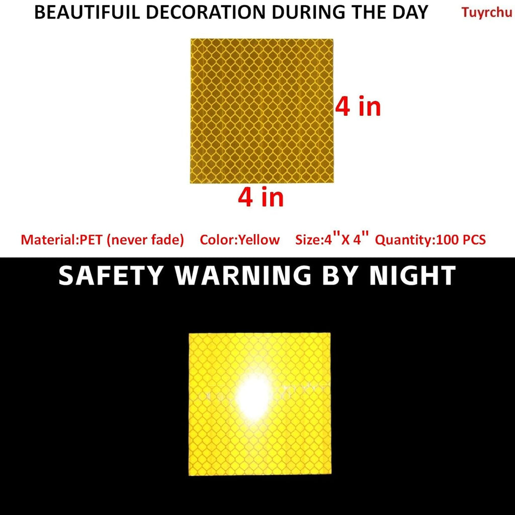 Non Fading Yellow Reflective Stickers 4 inch X 4 inch, Outdoor Waterproof High Visibility Warning Safety Adhesive Reflector Tape (100 Pcs)