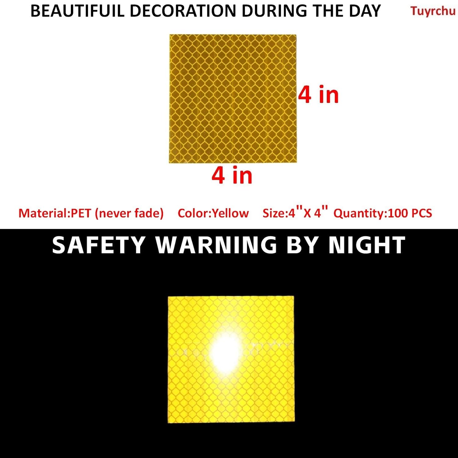 Non Fading Yellow Reflective Stickers 4 inch X 4 inch, Outdoor Waterproof High Visibility Warning Safety Adhesive Reflector Tape (100 Pcs)
