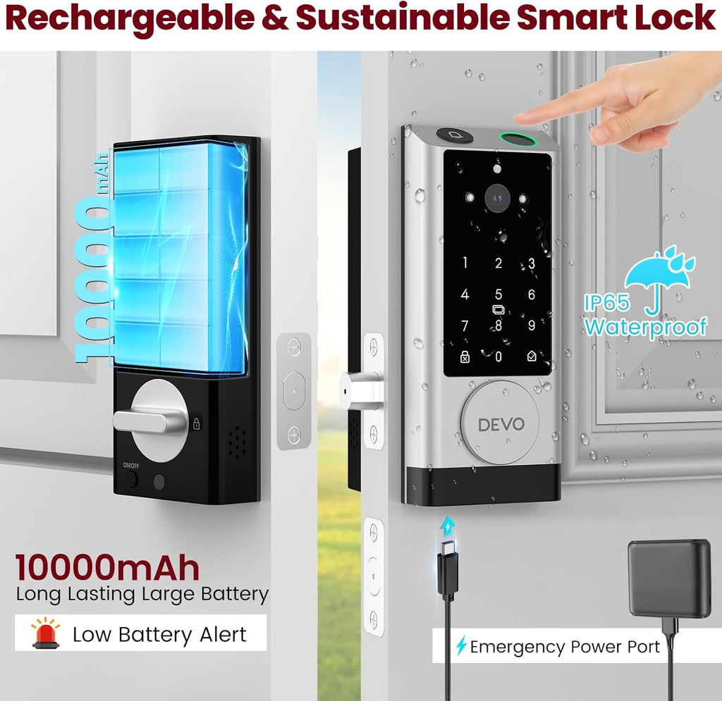 DEVO G1 6-in-1 Video Smart Lock with Camera & Doorbell, Keyless Entry Door Lock with Fingerprint, Auto Locks, App Remote, Built-in Wi-Fi Smart Deadbolt for Front Door