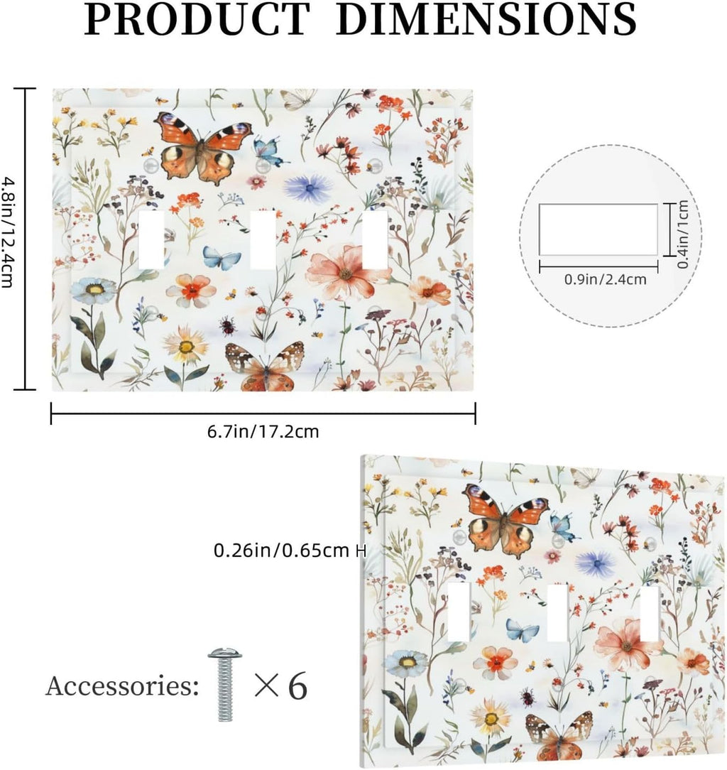 Decorative Switch Plates Butterfly Floral Boho Multicolor Flower Leave 3 Gang Wall Plate Triple Toggle Light Switch Cover Faceplate Electrical Wall Panels for Bed Room living Room Decor