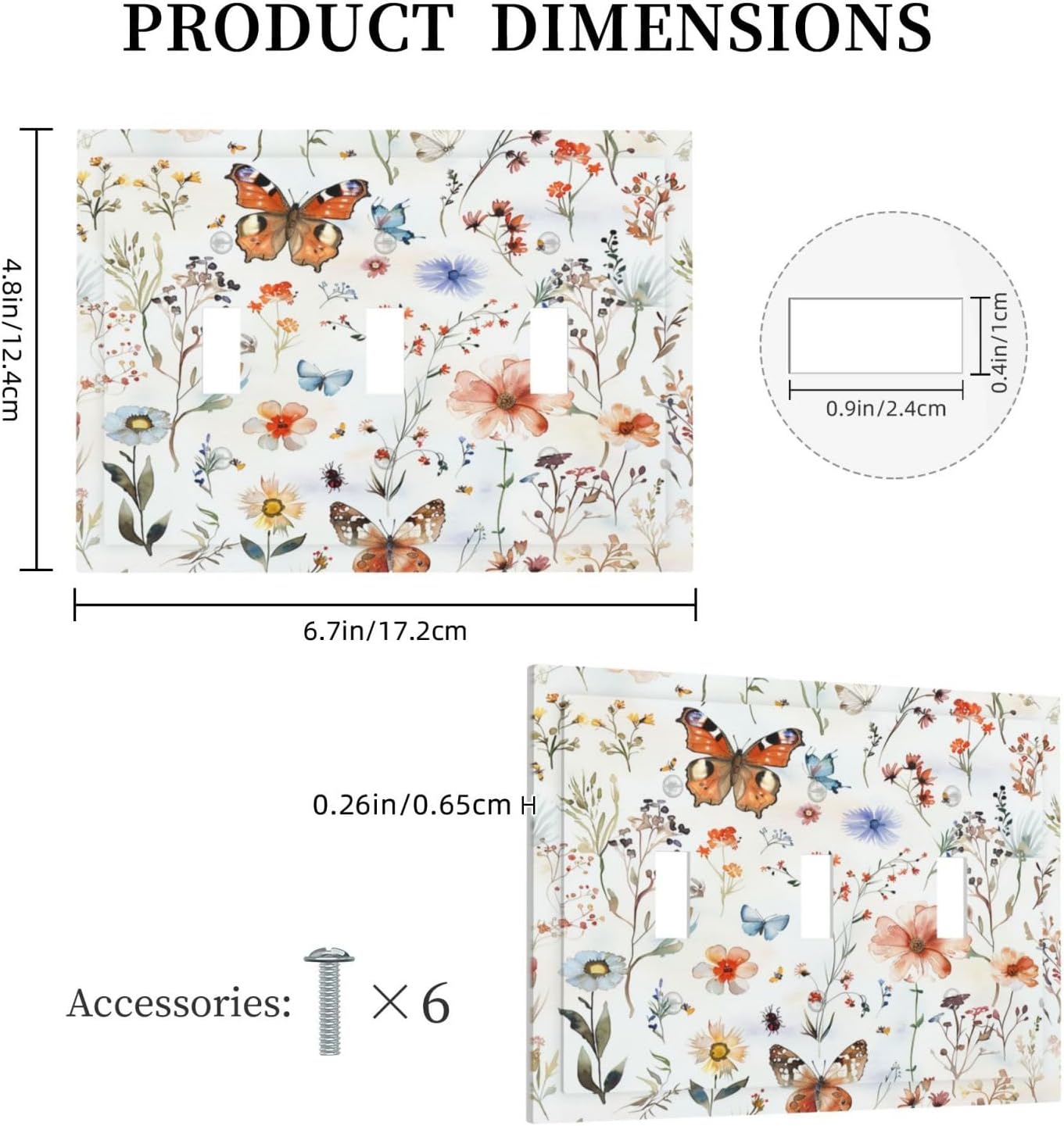 Decorative Switch Plates Butterfly Floral Boho Multicolor Flower Leave 3 Gang Wall Plate Triple Toggle Light Switch Cover Faceplate Electrical Wall Panels for Bed Room living Room Decor