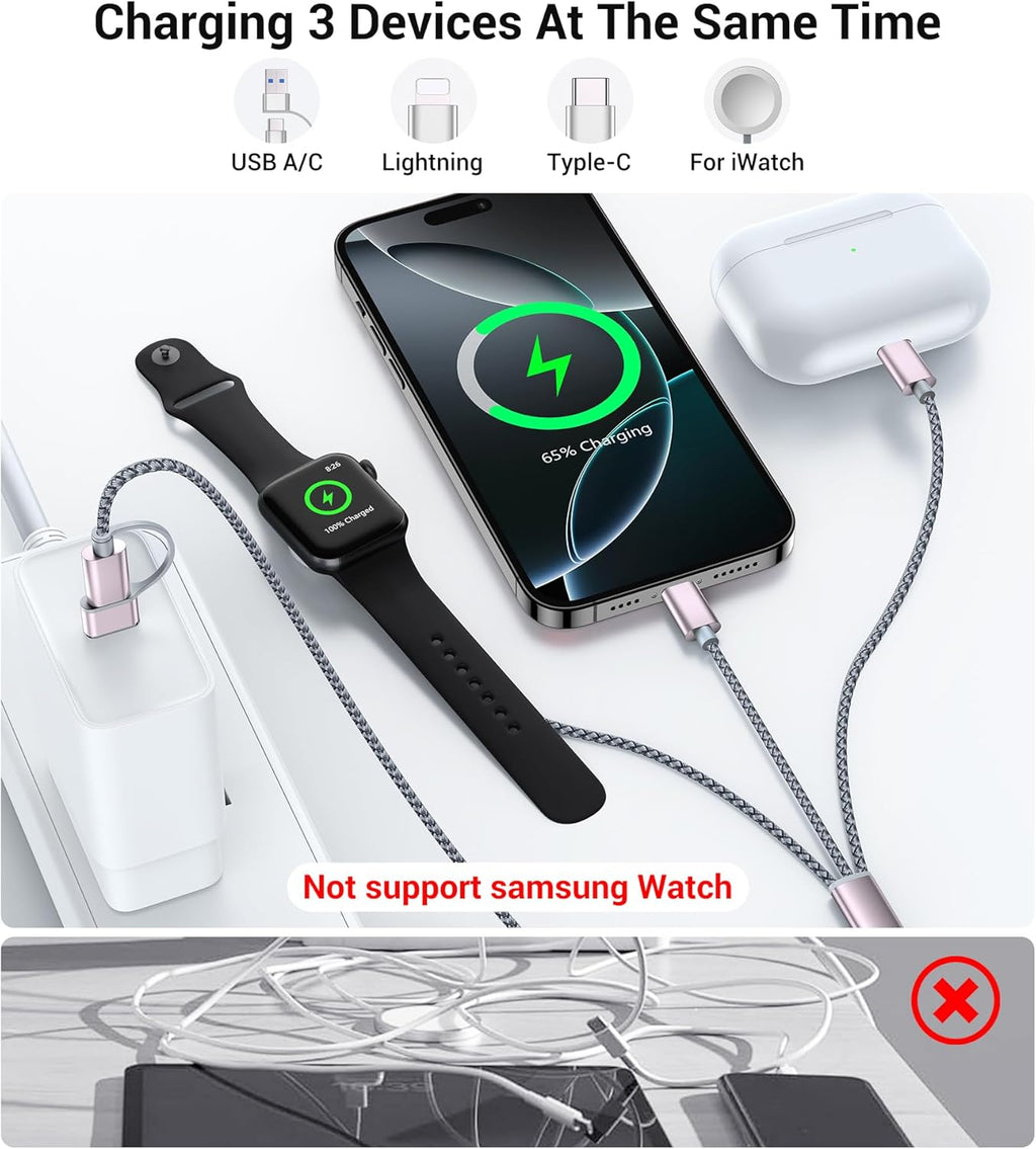 Temdan for Travel Vacation Essentials,3 in 2 USB C Cable for Apple Watch Charger/iPhone 17 Charger/Lightning,Multi Charging Cable Cord,Camping Essentials,Designed for iWatch &iPhone 16-12-5FT