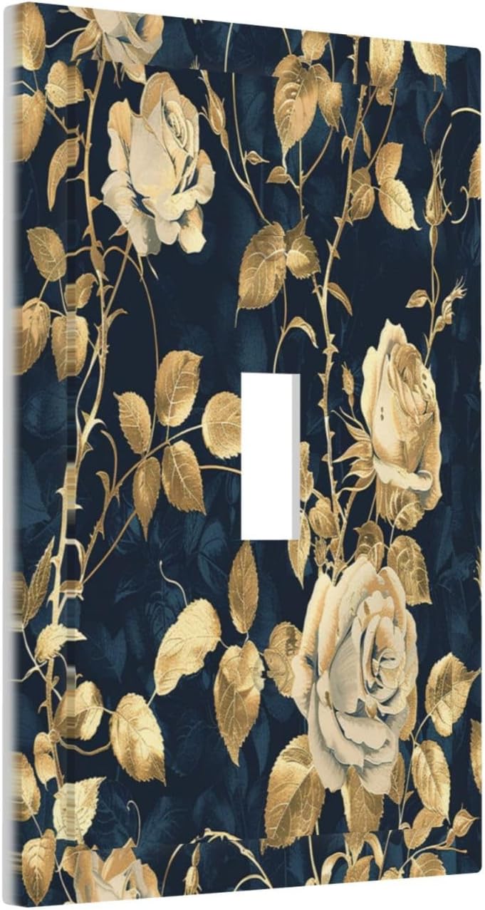 Decorative Light Switch Cover Boho Vintage Floral Golden Flower Dark Blue Background 1 Gang Single Toggle Device Electrical Faceplate Switchplates Decorator Outlet Wall Plate for Bedroom