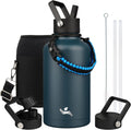 Half Gallon Insulated Water Bottle with Straw,64 oz 3 Lids Water Jug with Carrying Bag,Paracord Handle,Double Wall Vacuum Stainless Steel Metal Flask,Navy Blue