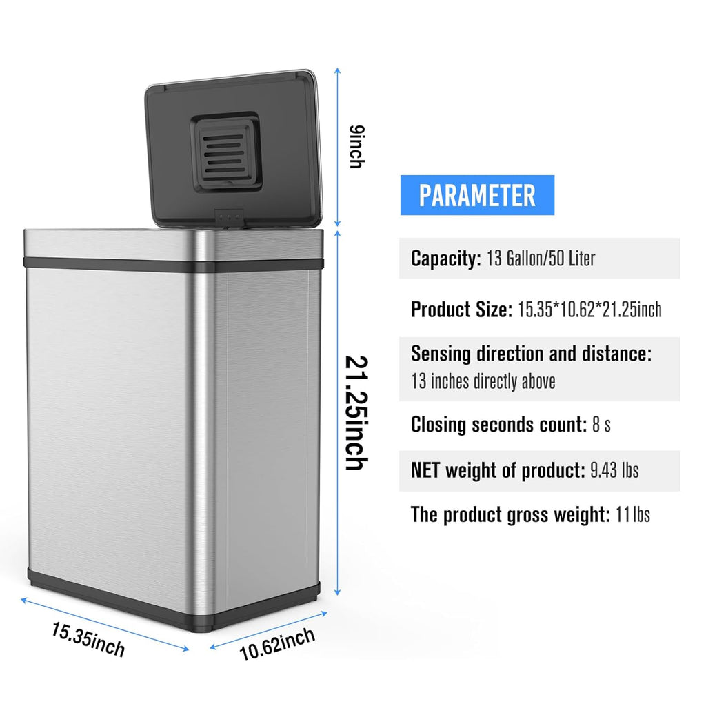 50L / 13 Gallon Smart Automatic Trash Can with Deodorizer Compartment, Stainless Steel Body and Mute Sensor Lid for Kitchen Office Living Room and More, Assemble Large Capacity Garbage Can - Silver