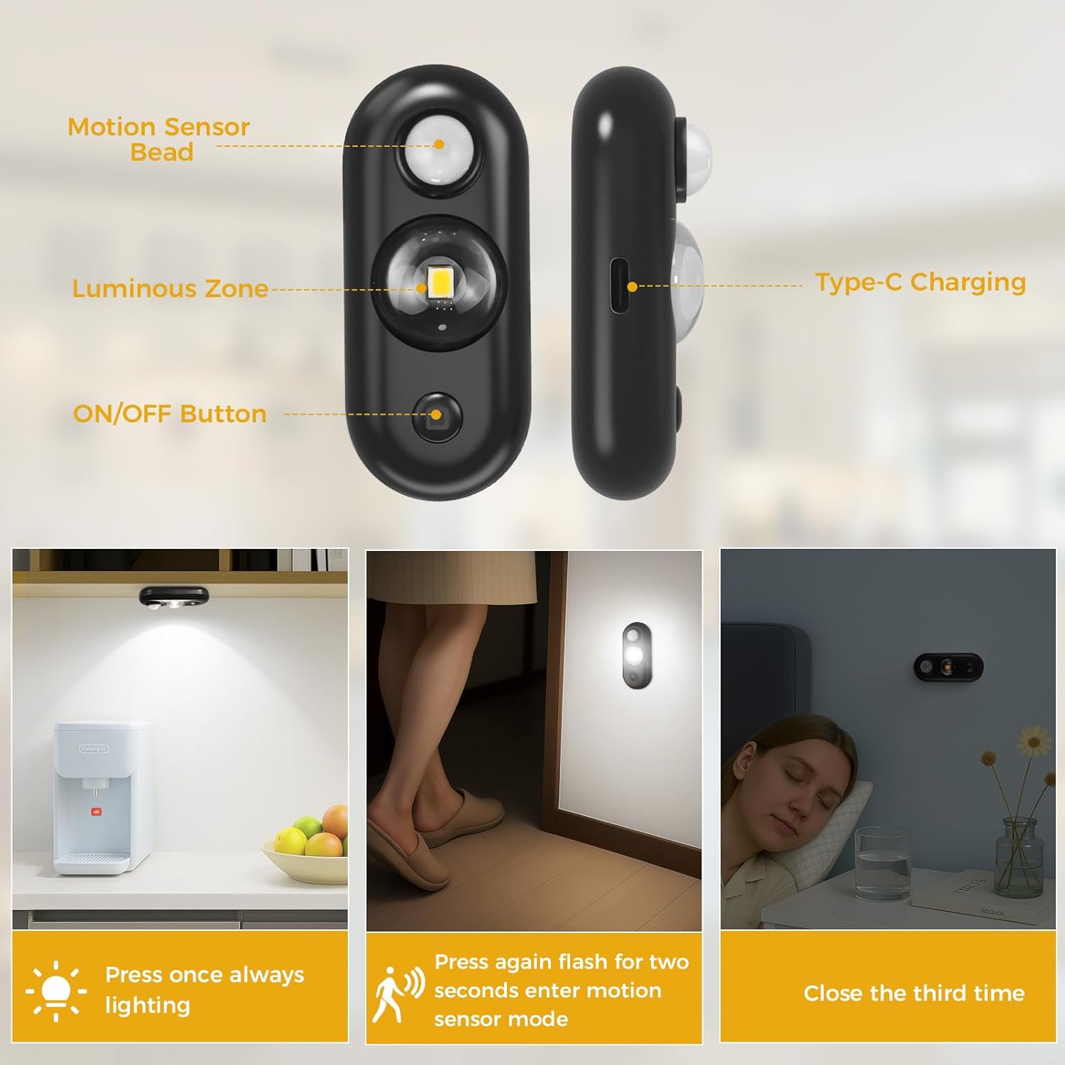 LED Motion Sensor Puck Lights, Small Rechargeable Under Cabinet Light, Dimmable Daylight White Closet Lights, Wireless Under Cabinet Lighting for Drawer, Kitchen (4 Pack)