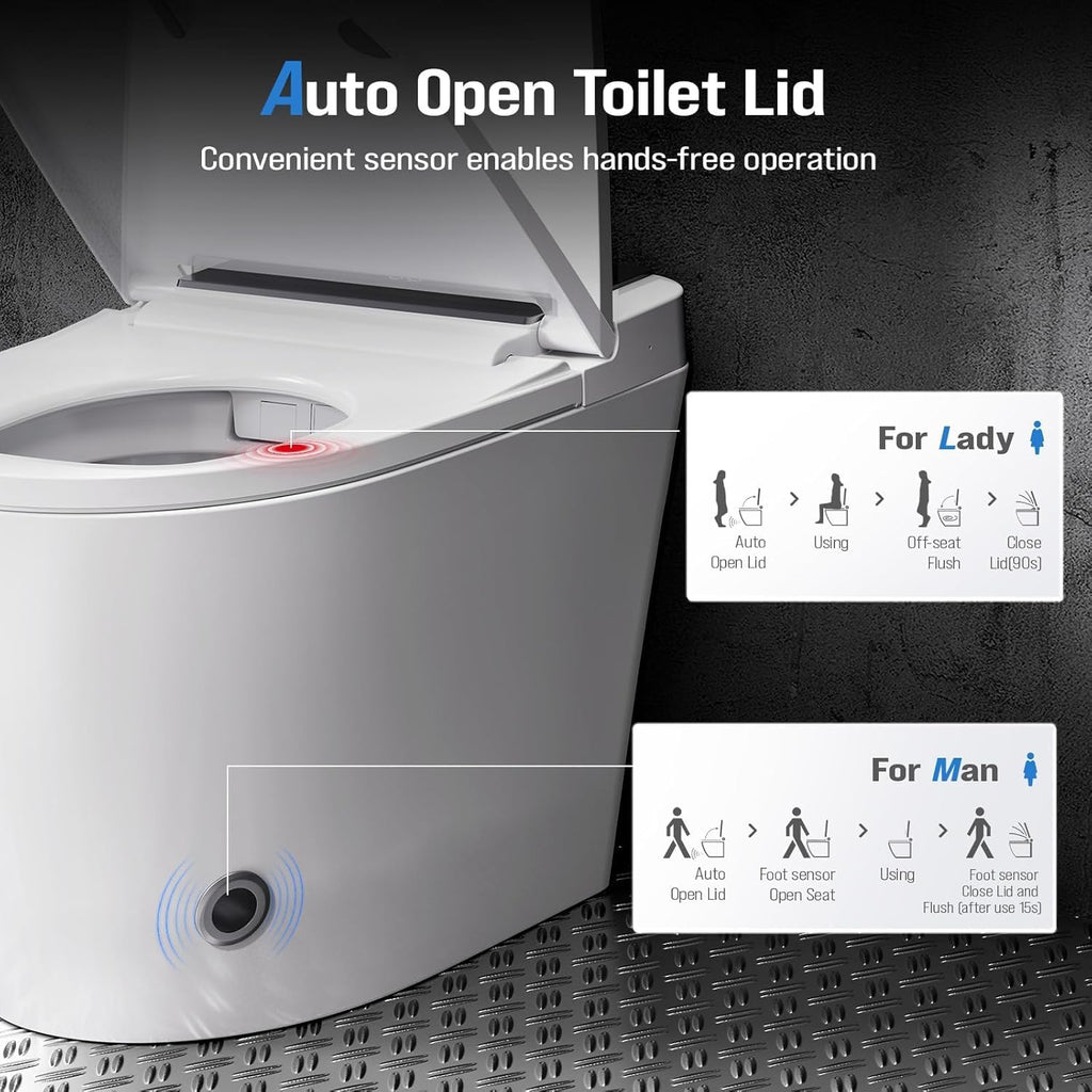 Smart Toilet with Built-In Bidet, Heated Seat & Dual Auto Flush, Foot Sensor, Tankless One-Piece Electric Toilet with Warm Water Wash, Air Dryer, LED Display & 1000g Powerful Flush, 1.28GPF