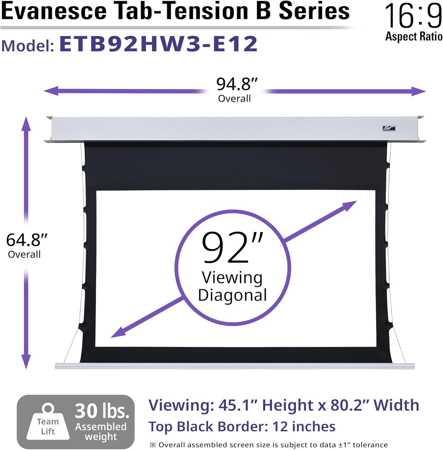 Elite Screens Evanesce Tab-Tension B, 92-inch 16:9, 4K / 8K HD, Recessed in-Ceiling Electric Tab Tensioned Projector Screen, Matte White Projection Screen Surface Programmed Remote Kit, ETB92HW3-E12