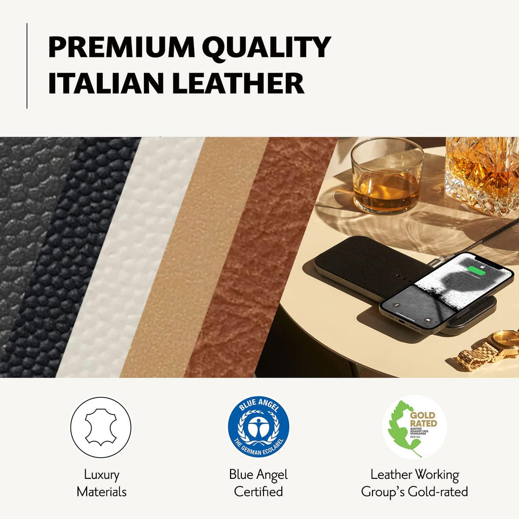Courant Catch:2 Classics - Italian Leather Dual Wireless Charging Pad - Compatible with iPhone 11, X, SE, Galaxy S23, S22, S21, S20, Note, AirPods, AirPods Pro (Black)