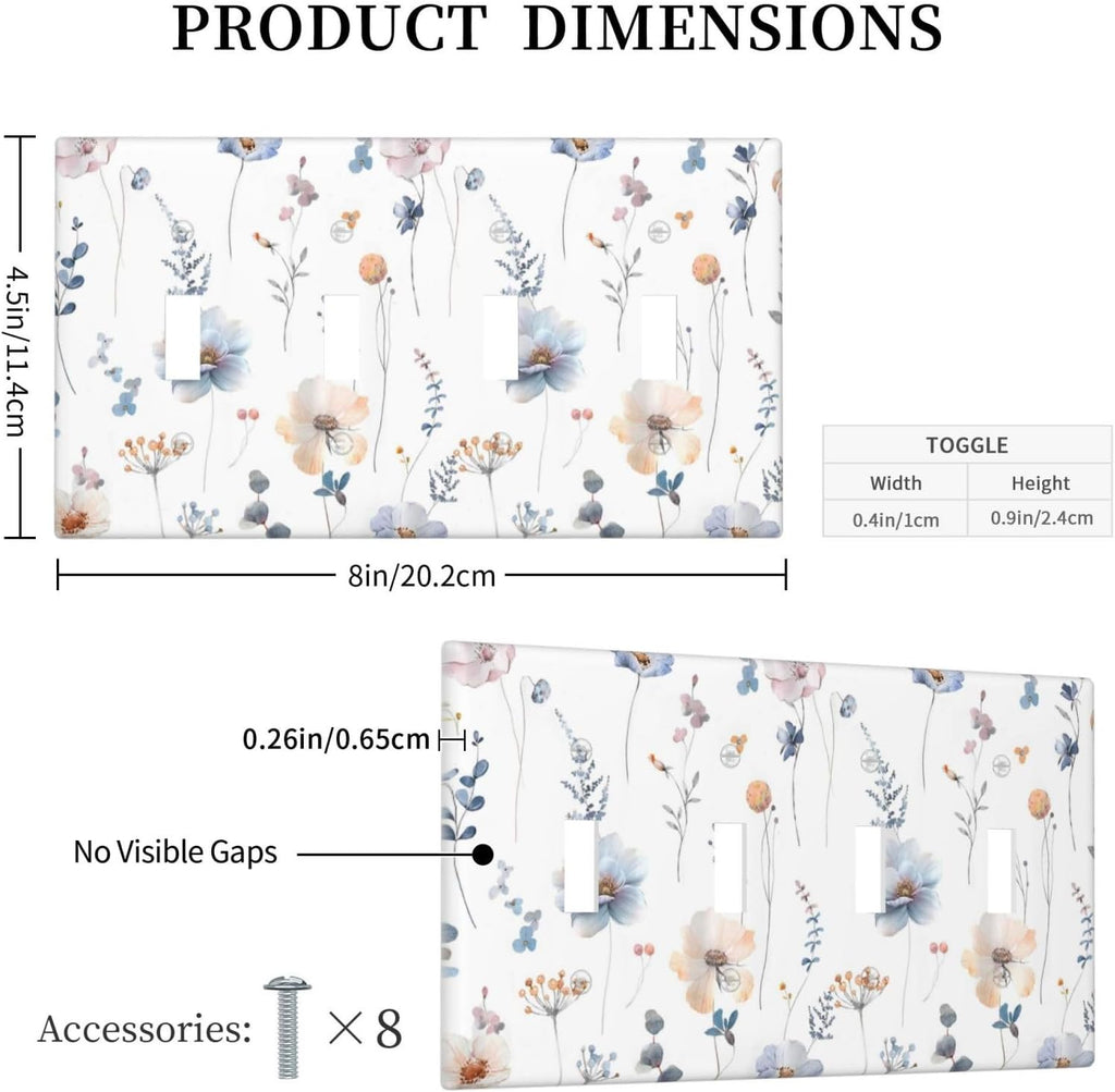 Wildflowers Plant Leaves Floral Berry Light Switch Covers Quad Toggle Electrical Faceplate 4 Gang Wall Plate Decorative Switch Plates for Bed Room Living Room Decor