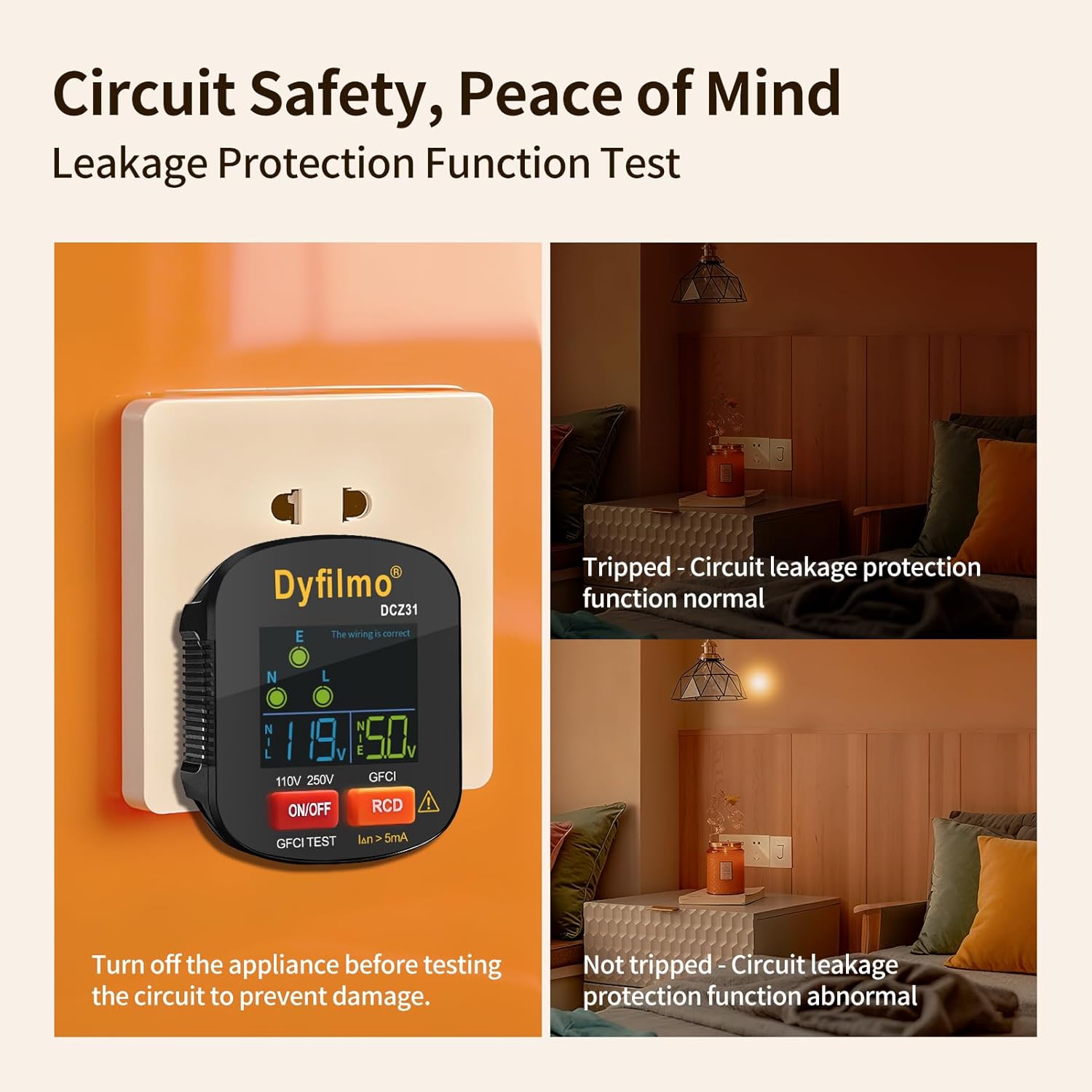 GFCI Outlet Tester with LCD Display,3-Prong Outlet Tester Plug in,Voltage Socket Checker,Electrical Diagnostic Tool for 110V-250V AC Home Outlets