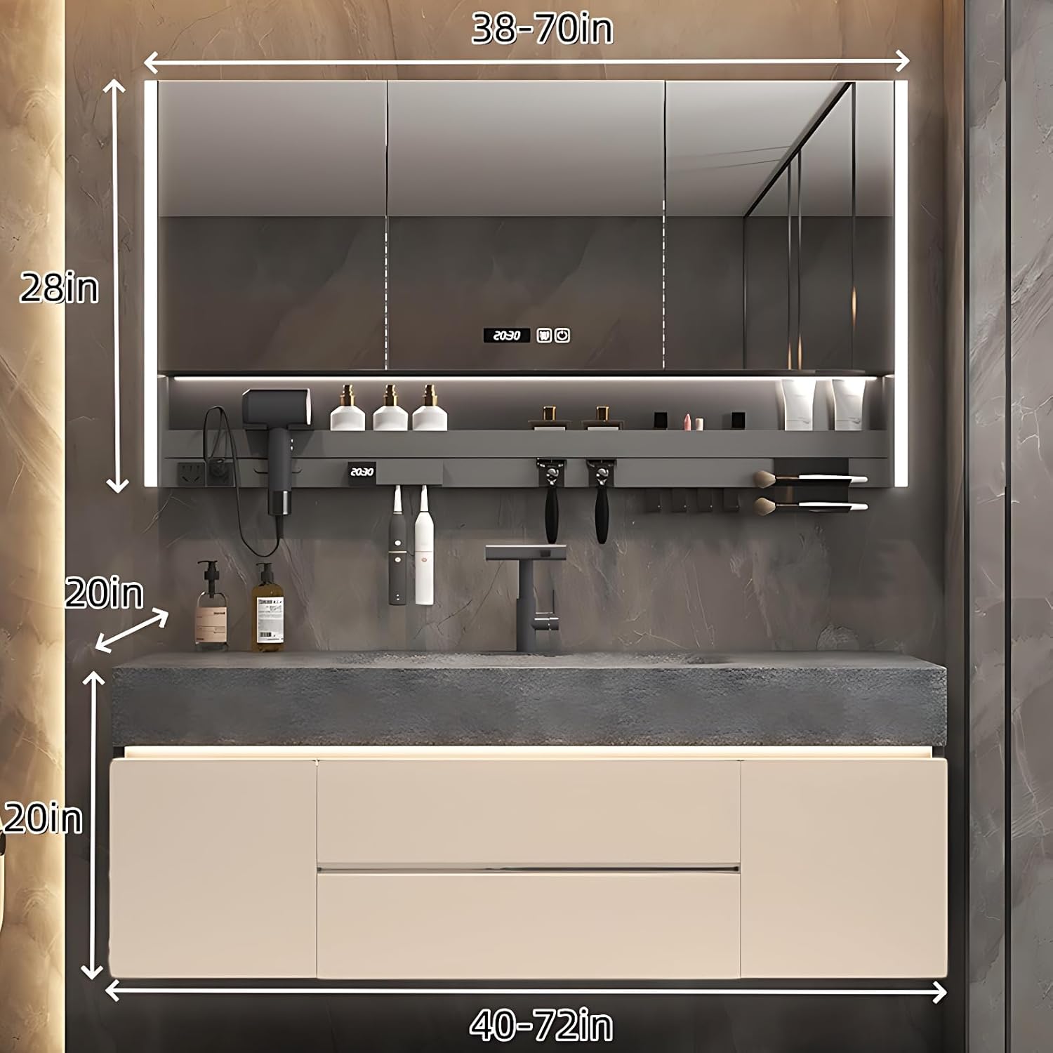Modern Bathroom Vanity – Cabinet Set with LED Smart Defogging Mirror & Time Display | Bathroom Vanity with Sink, Large Space Storage with Easy Installation, 2 Drawers (Cream, 72IN)