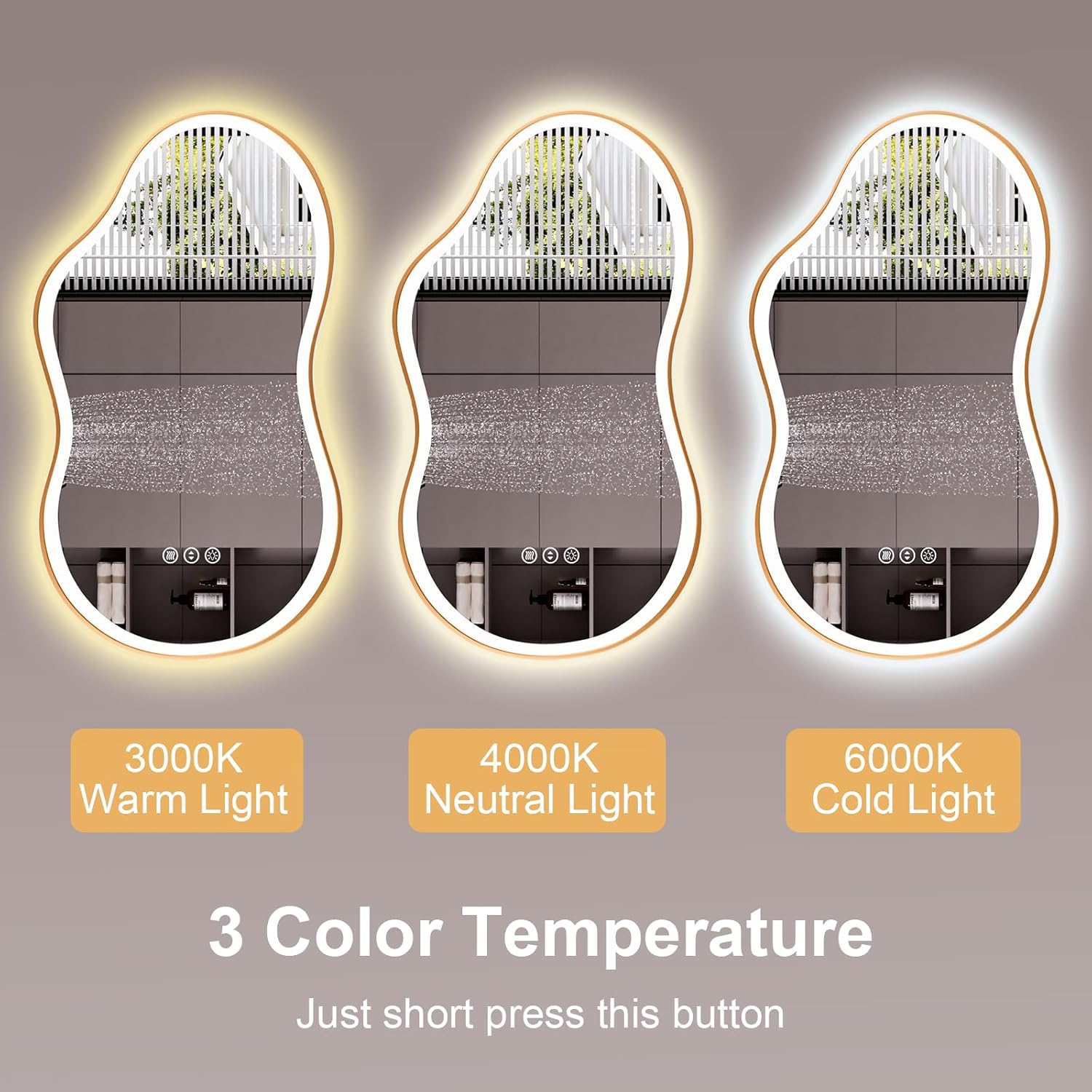 WTTY LED Irregular Bathroom Mirror 26x46 Inch with Front & Back Lights - Asymmetrical Design, Anti-Fog, Dimmable 3 Color Temperatures, Shatterproof Glass, Horizontal or Vertical Mount (Gold Frame)