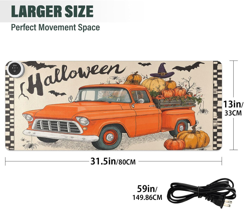 Heated Desk Pad Mouse Pad 31.5x13 Inch PU Leather Desk Mat with 3 Heat Levels Large Mouse Gaming Computer Laptop Mat Halloween Plaid Pumpkin Bat