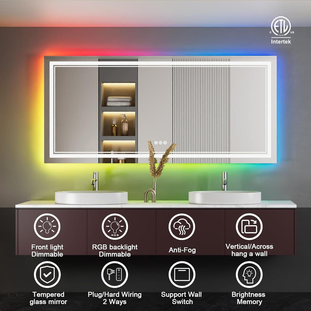 77x36 Inch RGB LED Bathroom Mirror with Lights, Color Changing RGB Backlit LED Mirror for Bathroom,Lighted Vanity Mirrors for Bathroom Wall, Dimmable, Anti-Fog (RGB Backlit+Front-Lit)