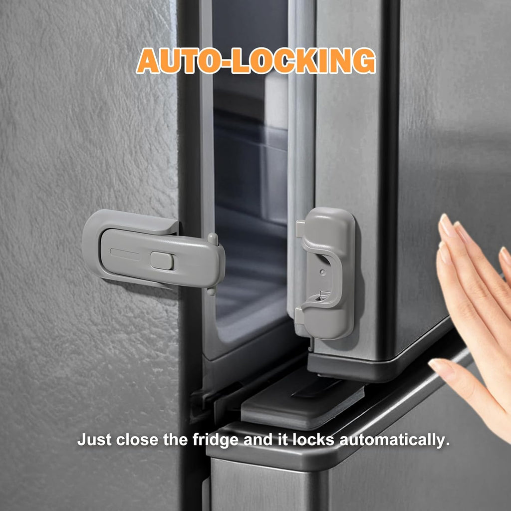 CLYMENE Child Proof Fridge Lock, Auto-Locking Refrigerator Door Latch with One-Hand Operation | No Keys or Straps | Keeps Freezer Secure from Kids & Pets – Grey