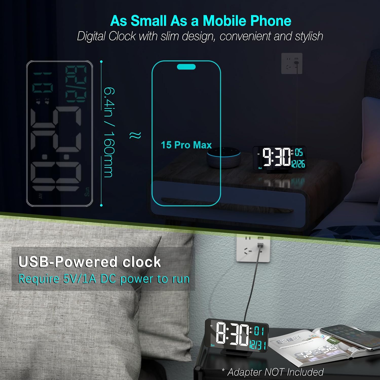 KOSUMOSU Digital Alarm Clock 6.7in Black Clock for Bedroom, Dual Alarm, Date, Seconds,Day of Week,12/24h,Dimming, Temp, Desk Clock, LED Clock for Living Room, Calendar Digital Clock