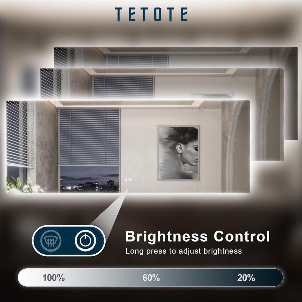 TETOTE 96 x 36 Inch LED Backlit Bathroom Mirror with Lights,Anti-Fog Lighted Mirror,Dimmable,Vanity Mirror,Wall Mounted