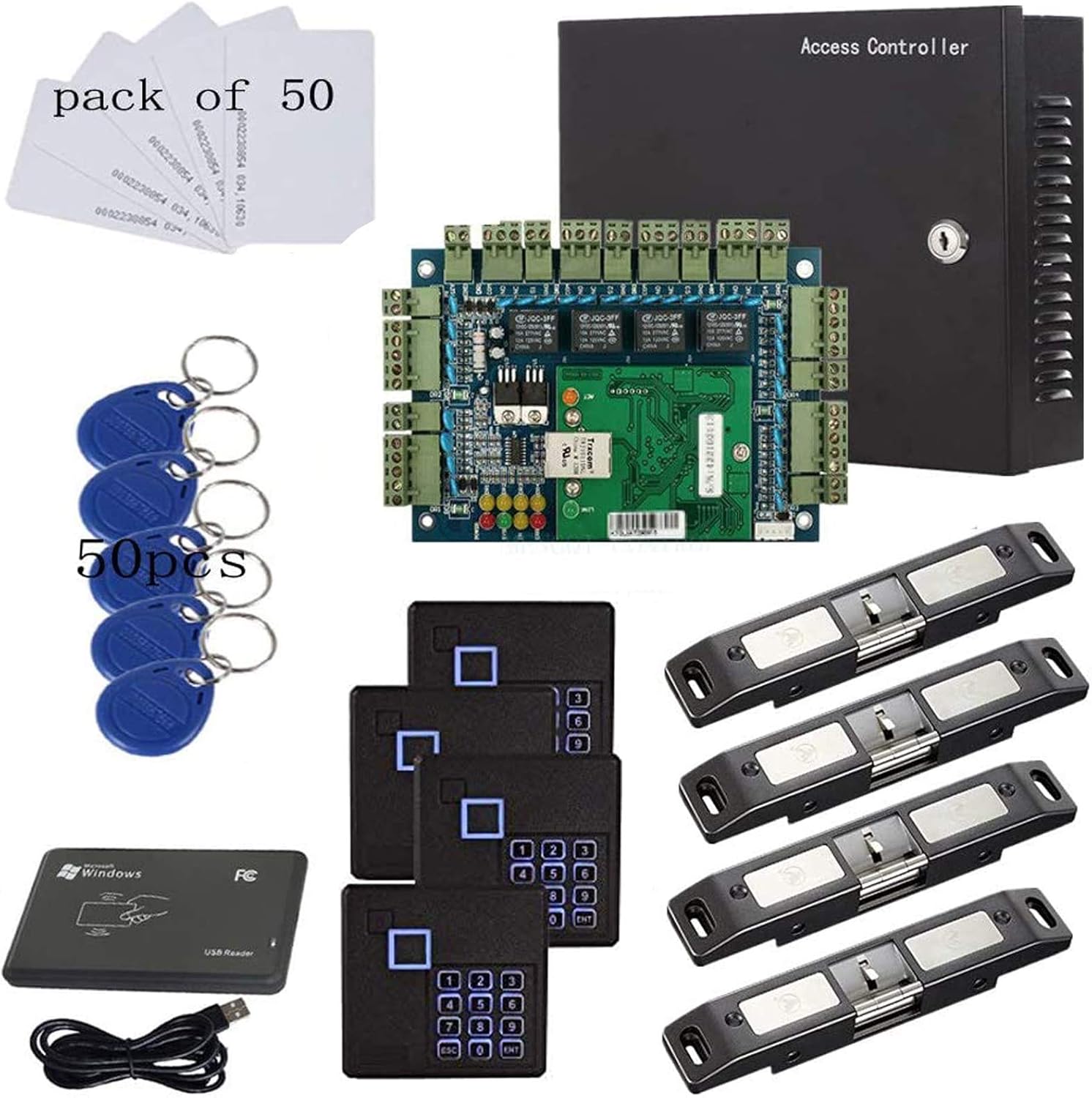 MENGQI-CONTROL TCP/IP Network 4 Door Smart Access Control Panel System Electric Strike Lock for Push Panic Bar Device Emergency Door, RFID Keypad Reader Enroll USB Reader 110V Power Supply Box